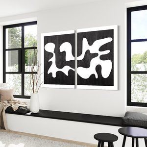 White Acrylic on Black Wood Diptych Painting Art Panels for Wall Home Decoration